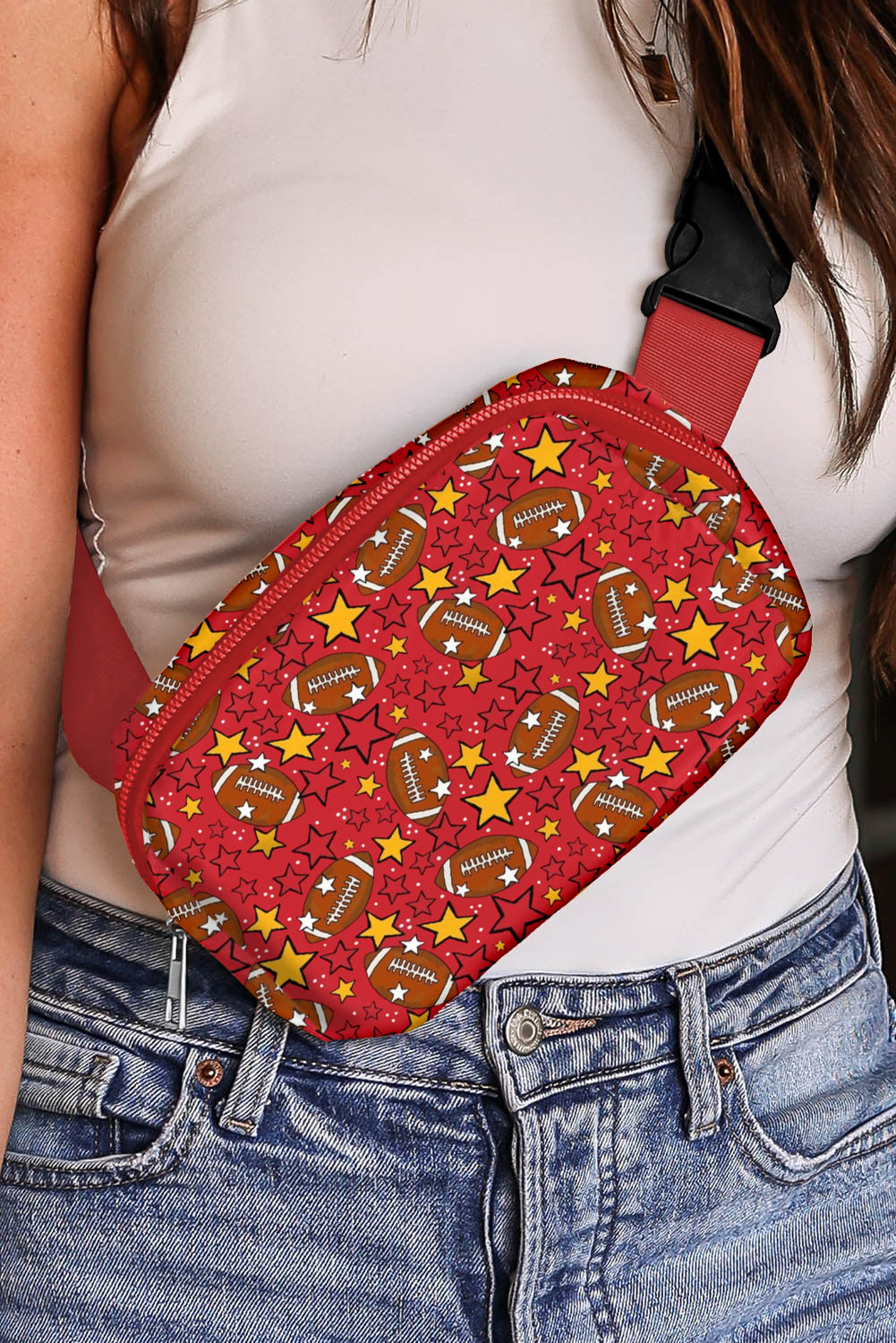 Fiery Red Rugby Football Star Printed Buckle Strap Crossbody Bag