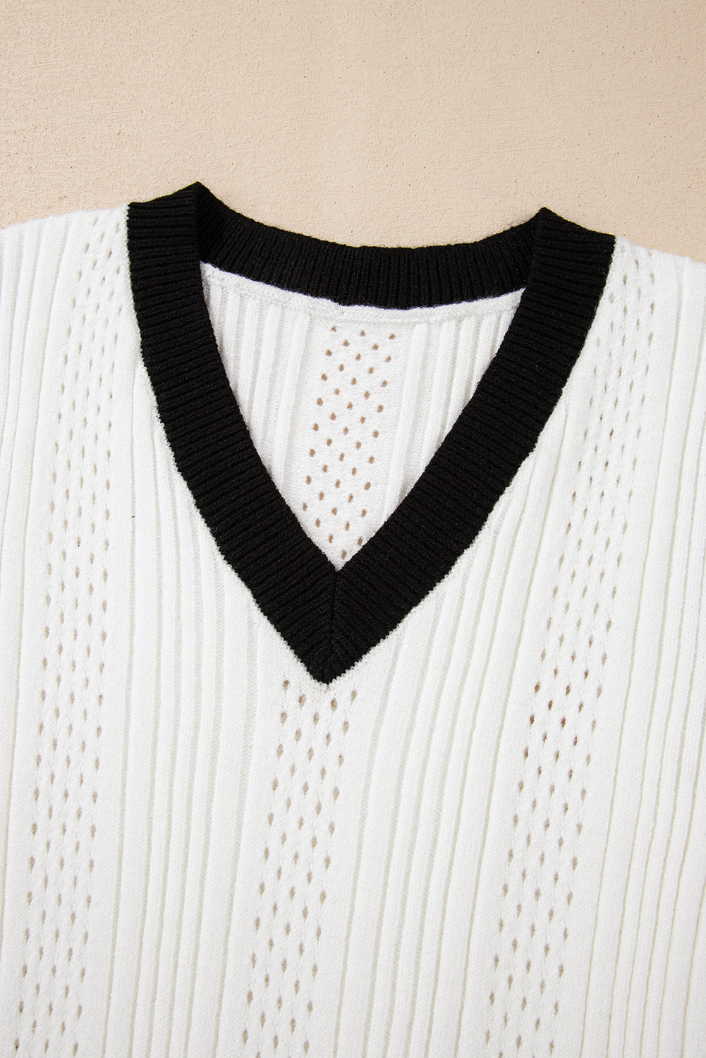 White Contrast Trim Eyelet Knit Colorblock V Neck Sweater Vest