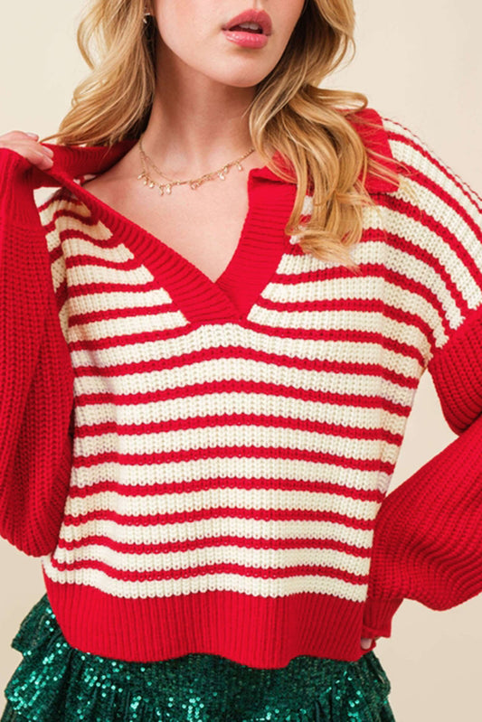 Red Stripe Lantern Sleeve V Neck Collared Drop Shoulder Sweater