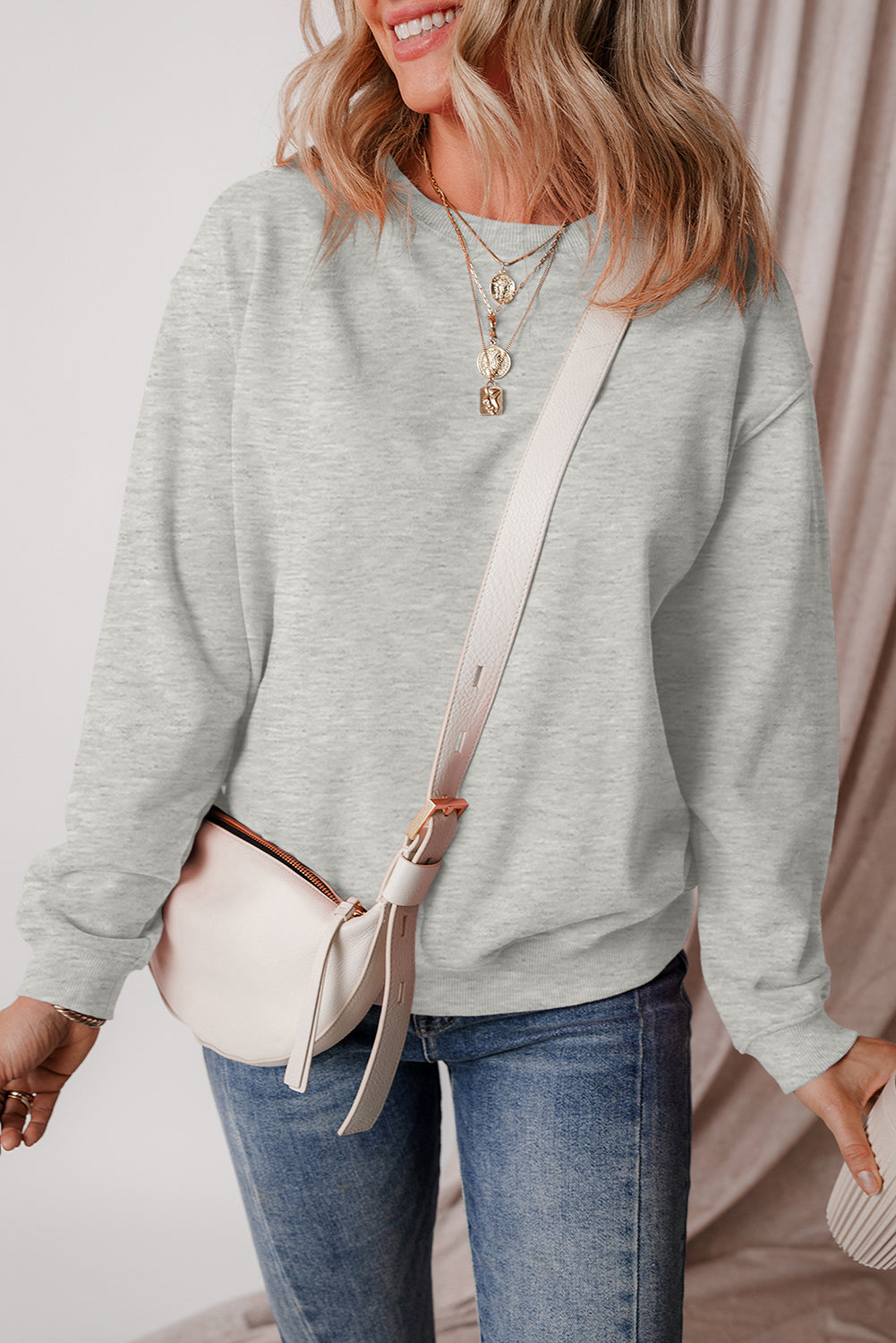 Gray Solid Fleece Lined Drop Shoulder Terry Sweatshirt