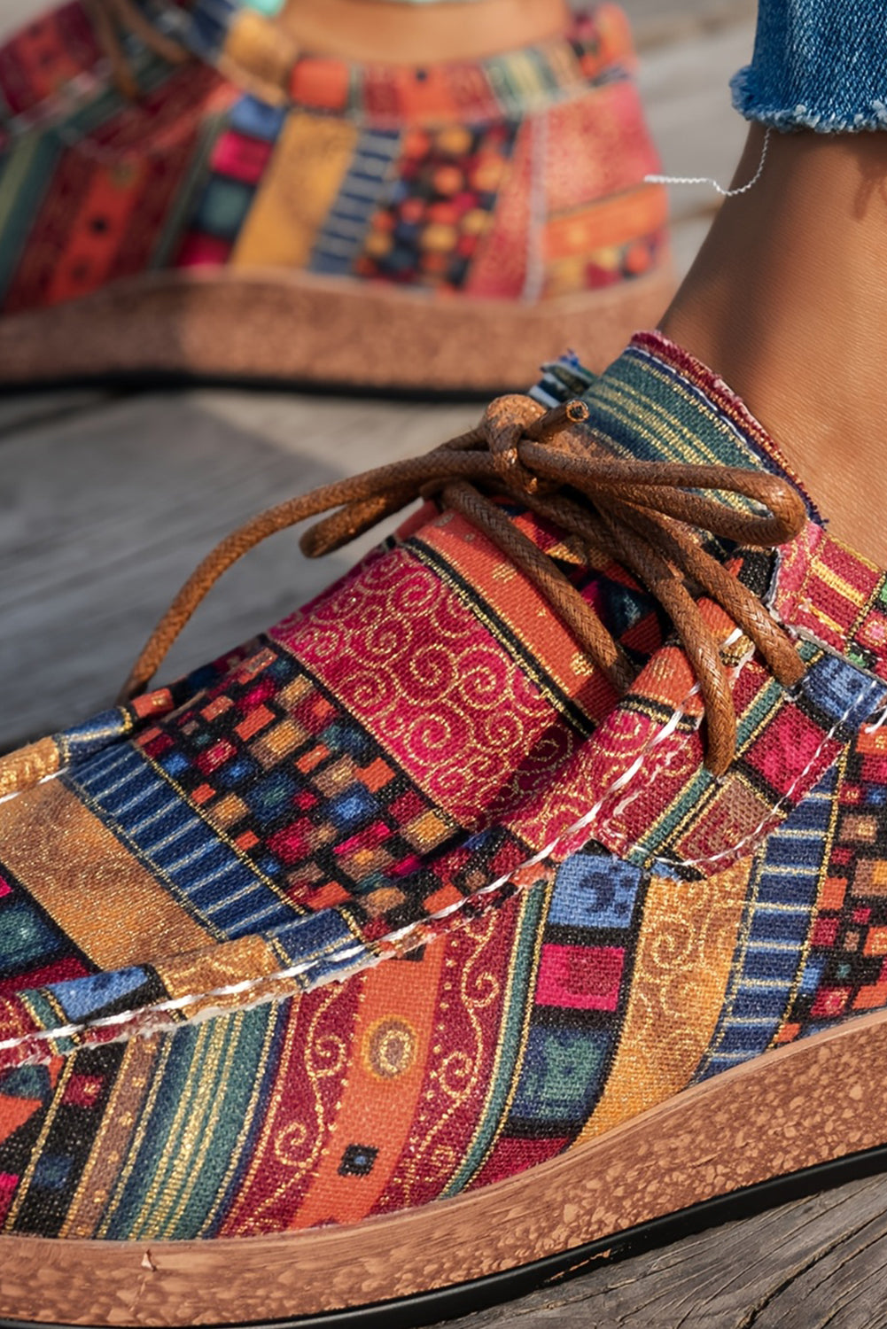 Racing Red Western Print Faux Suede Lace-up Decor Slip On Shoes