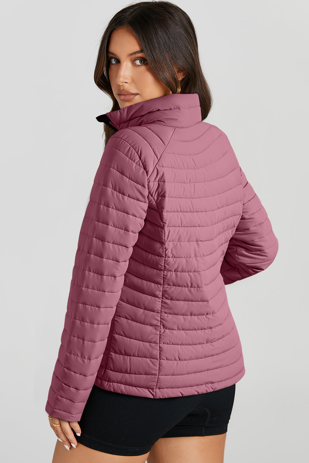 Burgundy Solid Color Quilted Zip-up Puffer Jacket