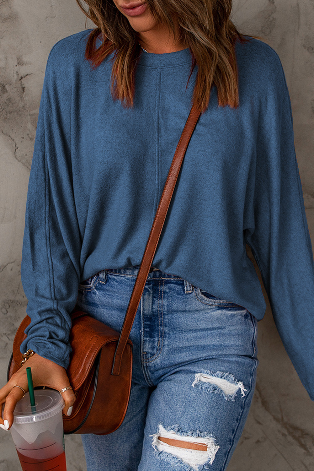 Blue Fiery Solid Color Patchwork Long Sleeve Top