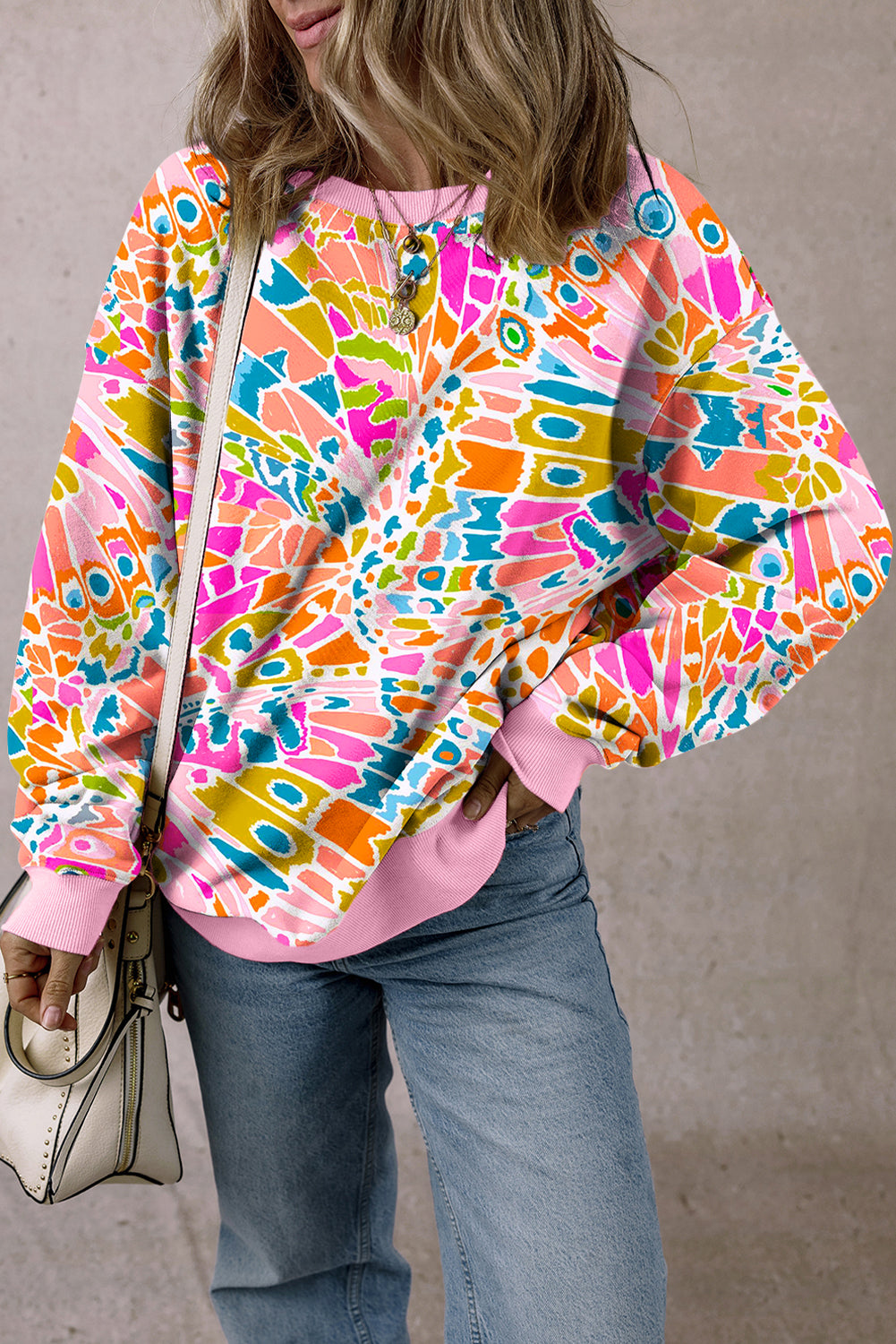 Pink Abstract Printed Drop Shoulder Loose Sweatshirt