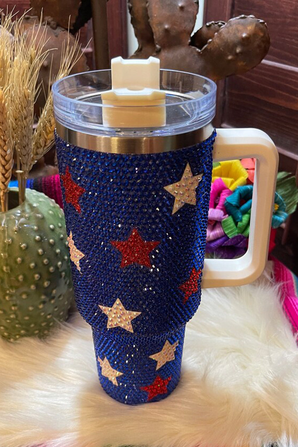 Dark Blue Star Shape Rhinestone Handle Large Vacuum Cup 40oz