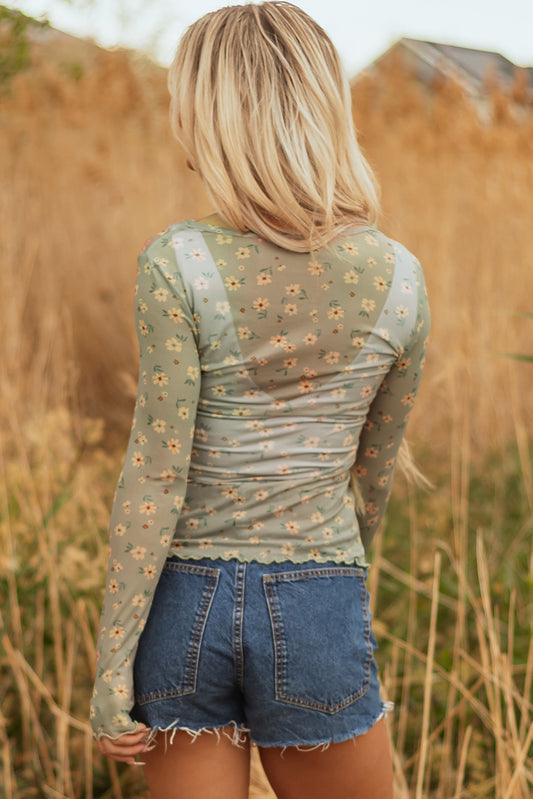 Laurel Green Vintage Floral Print Southern Style Mesh Long Sleeve Top
