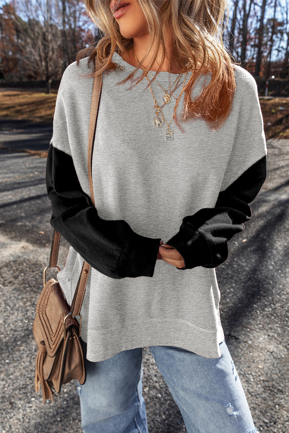 Gray Two Tone Patchwork Drop Shoulder Pullover Sweatshirt