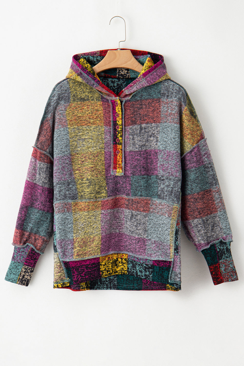 Multicolor Brushed Plaid Buttoned Pullover Oversized Hoodie