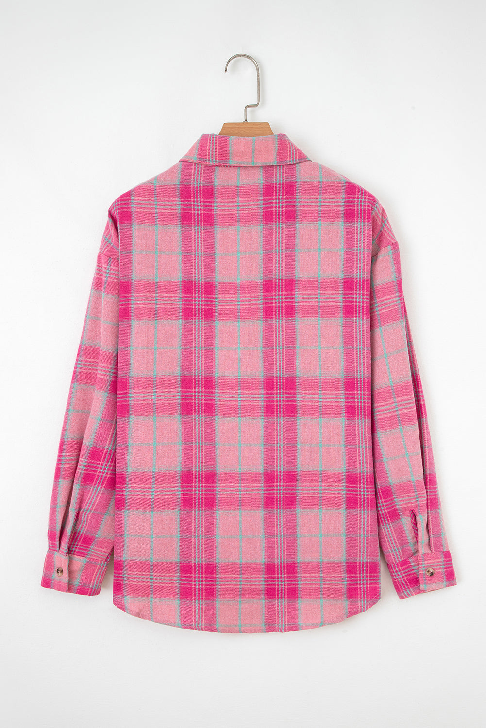 Sachet Pink Plaid Print Rounded Hem Long Sleeve Shirt with Pockets