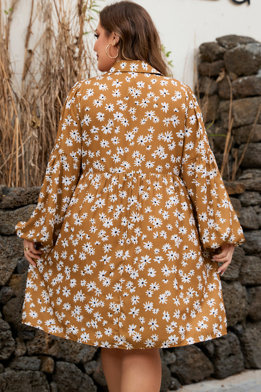 Khaki Plus Size Daisy Floral Print Button Split Neck Puff Sleeve Dress