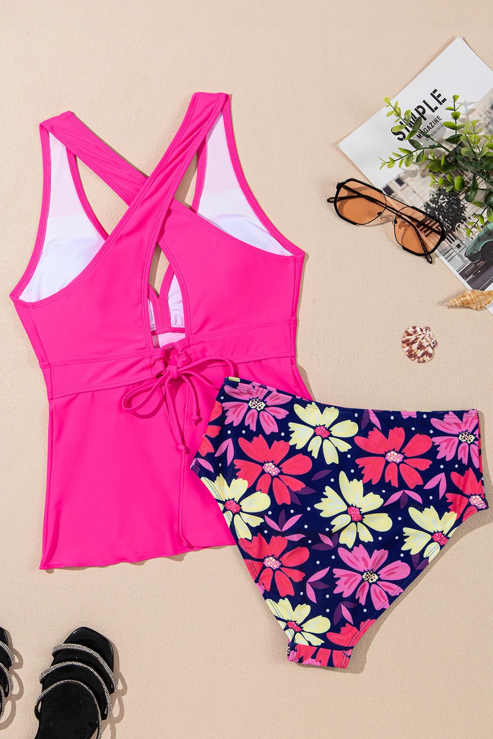 Rose V Neck Ruffled Hem Floral Bottom Tankini Set