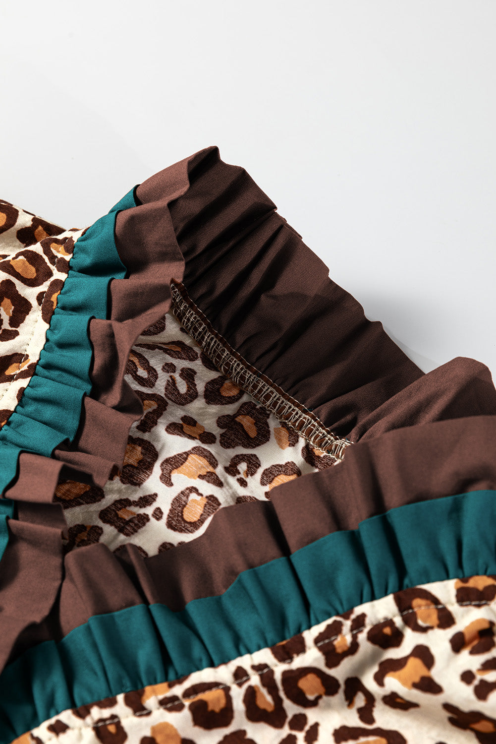 Brown Leopard Print Contrast Frilled Trim Button Down V Neck Shirt