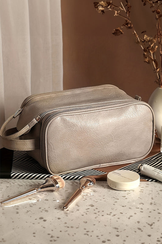 Smoke Gray PU Leather Multi Compartment Large Cosmetic Bag