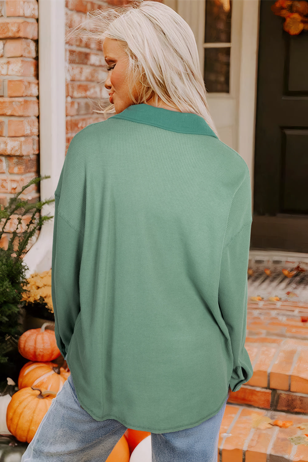 Grass Green Waffle Knit Vintage Patchwork Button Up Loose Shirt