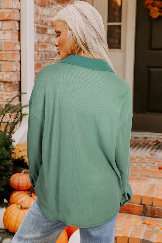 Grass Green Waffle Knit Vintage Patchwork Button Up Loose Shirt
