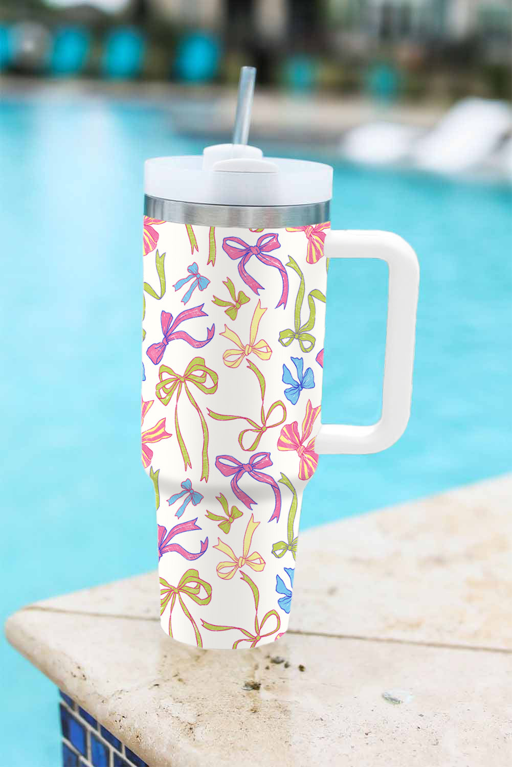 White Bow Knot Print Large Stainless Steel Vacuum Cup 40oz