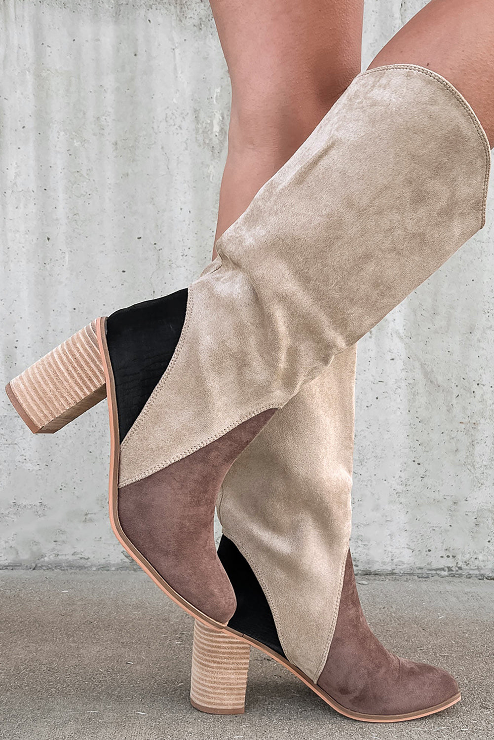 Coffee Suede Calf Length Chunky Heel Boots