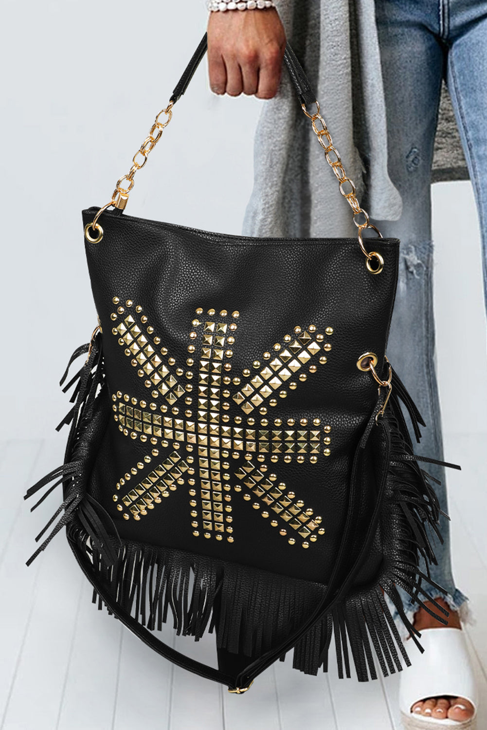 Black PU Leather Rivet Fringed Large One Shoulder Bag