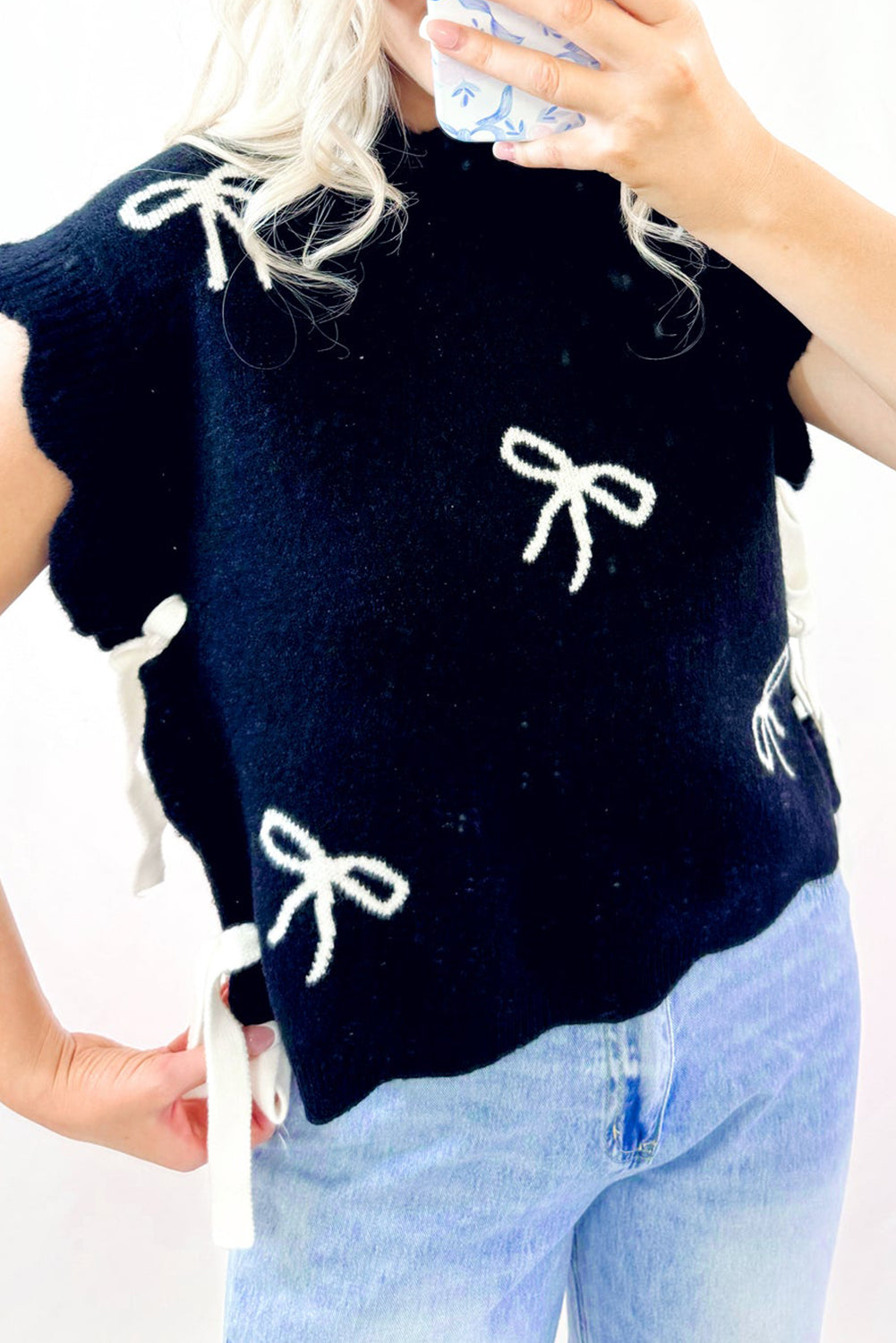 Black Bow Print Side Ties Scalloped Hem Sweater T Shirt