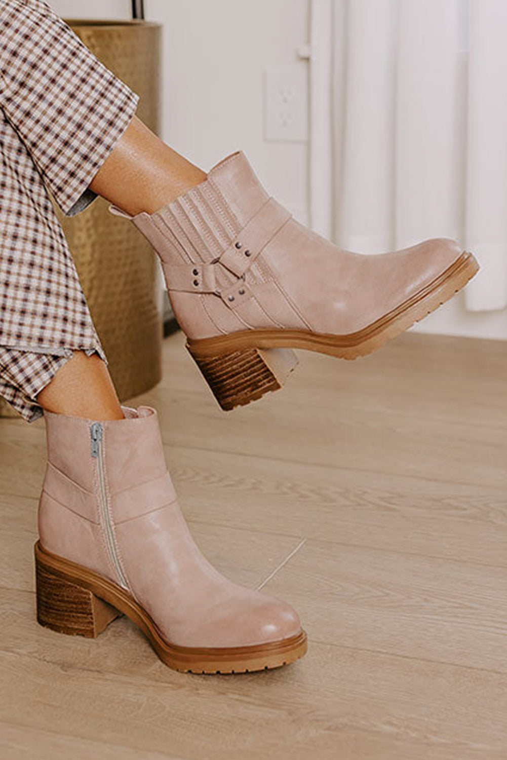 Beige Ring Linked Zipper Chunky Heel Ankle Boots