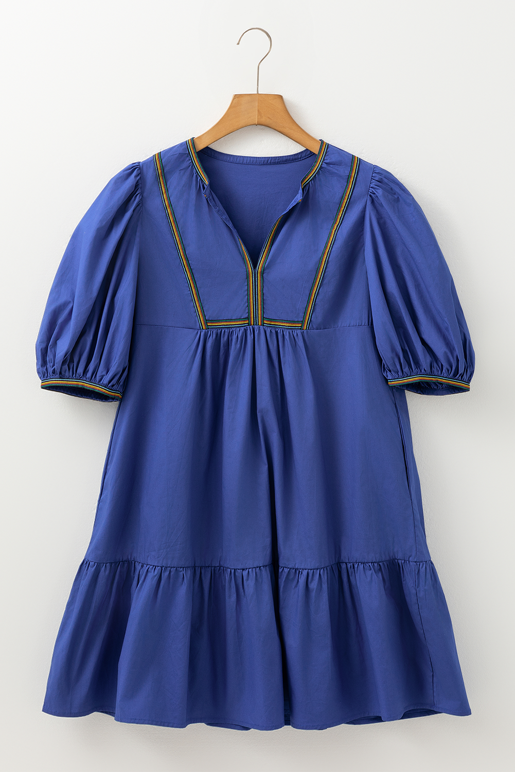 Bluing Colorful Striped Trim Puff Sleeve Pleated Mini Dress