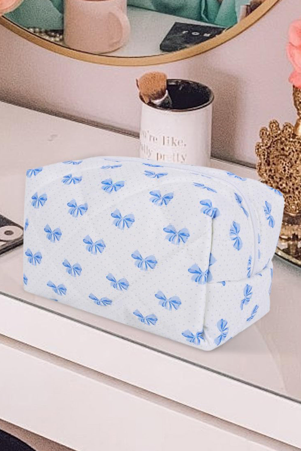 Sky Blue Bow Knot Quilted Zipper Makeup Bag