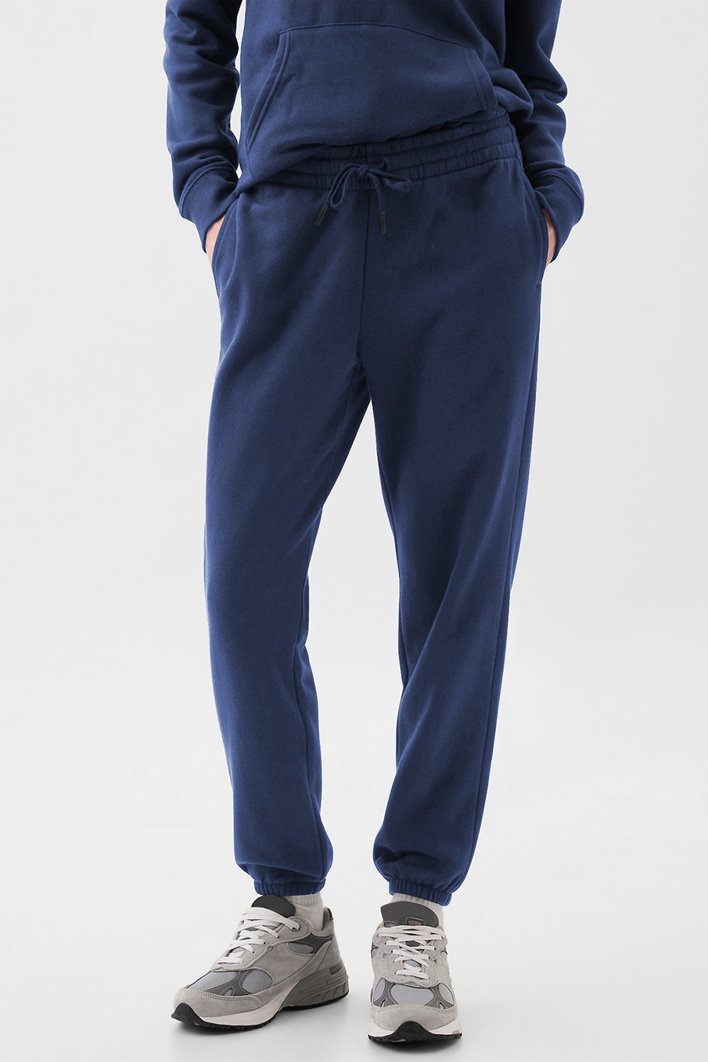 Navy Blue Solid Color Fleece Lined Drawstring Waist Joggers