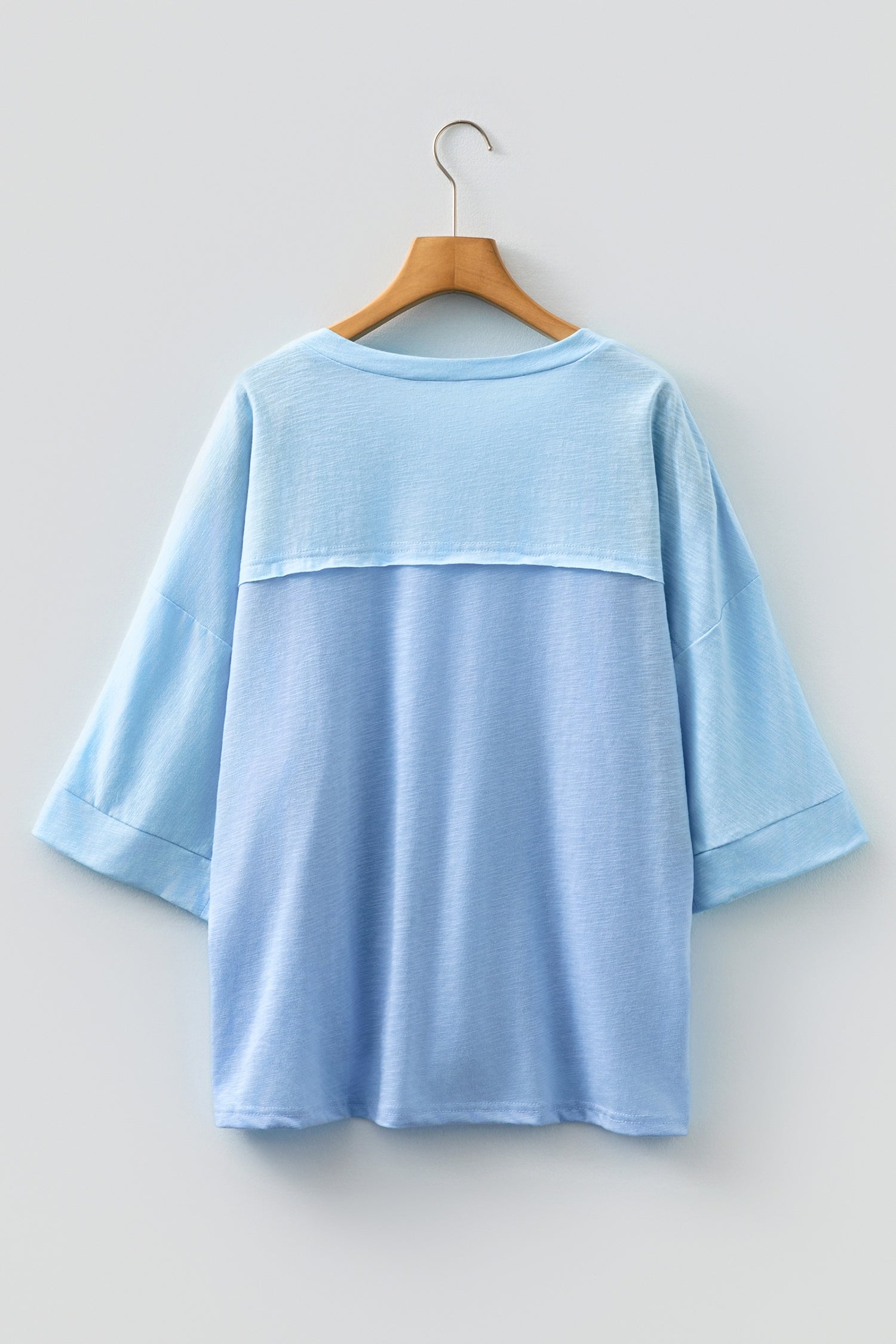 Light Blue Flower Patched Exposed Seam Bracelet Sleeve Oversized T Shirt