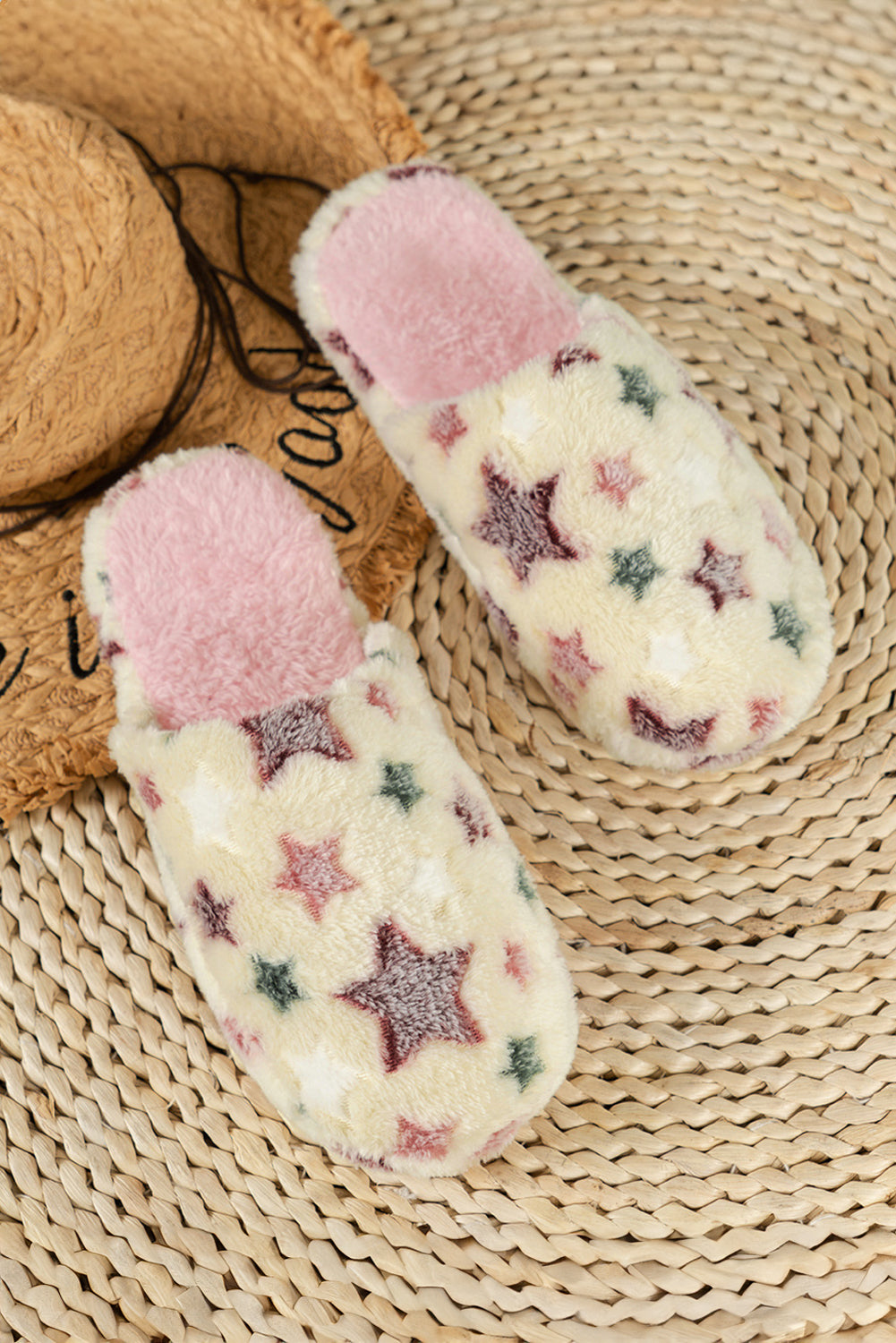 Beige Star Pattern Plush Home Slippers