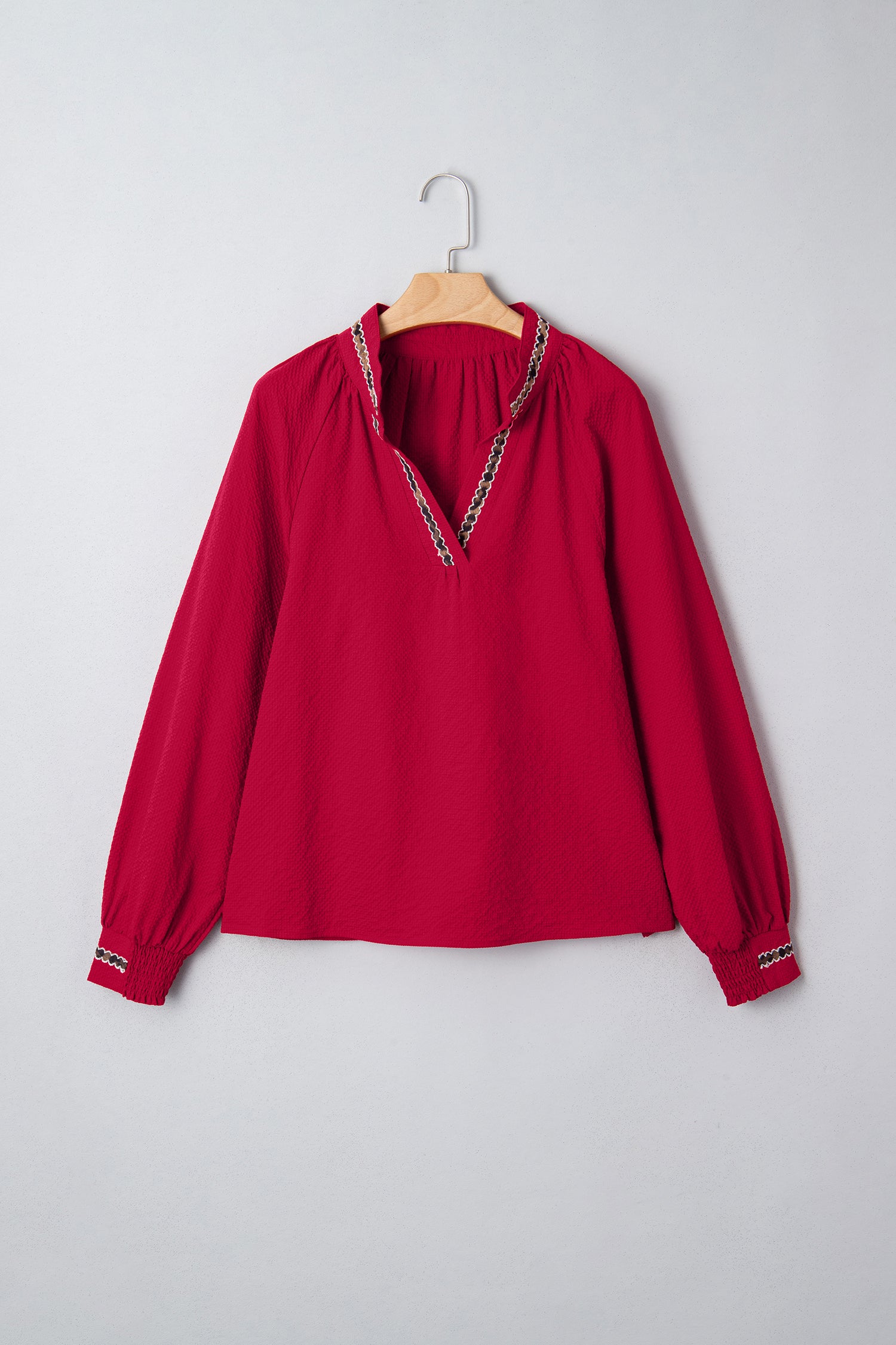 Racing Red Leopard Jacquard Print V Neck Textured Blouse