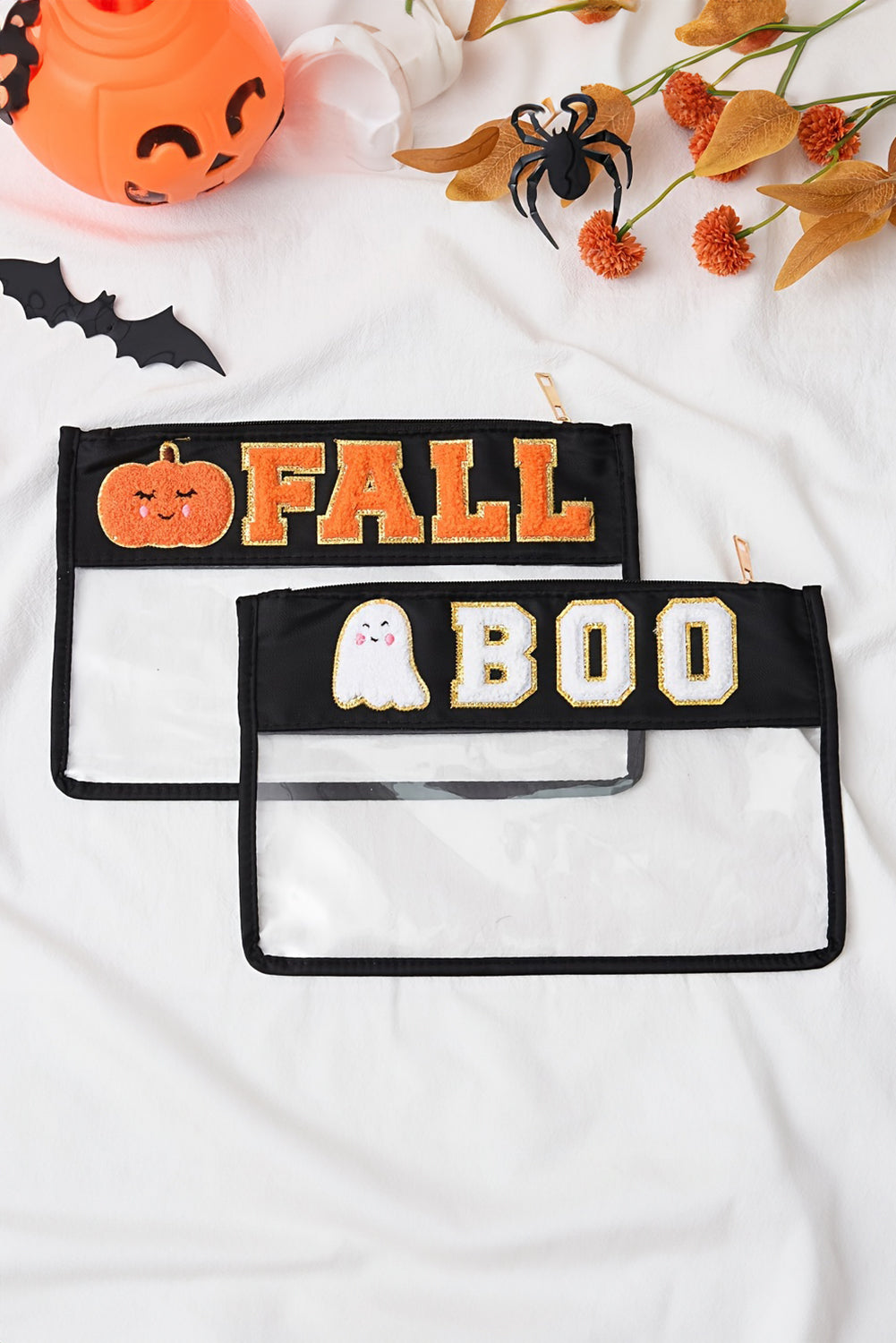Orange FALL Pumpkin Chenille Detail Clear Zip Pouch