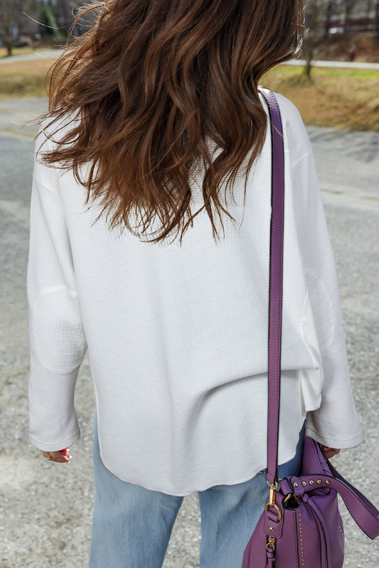 White Solid Color Waffle Ribbed Patchwork Dolman Sleeve Oversize Knit Top