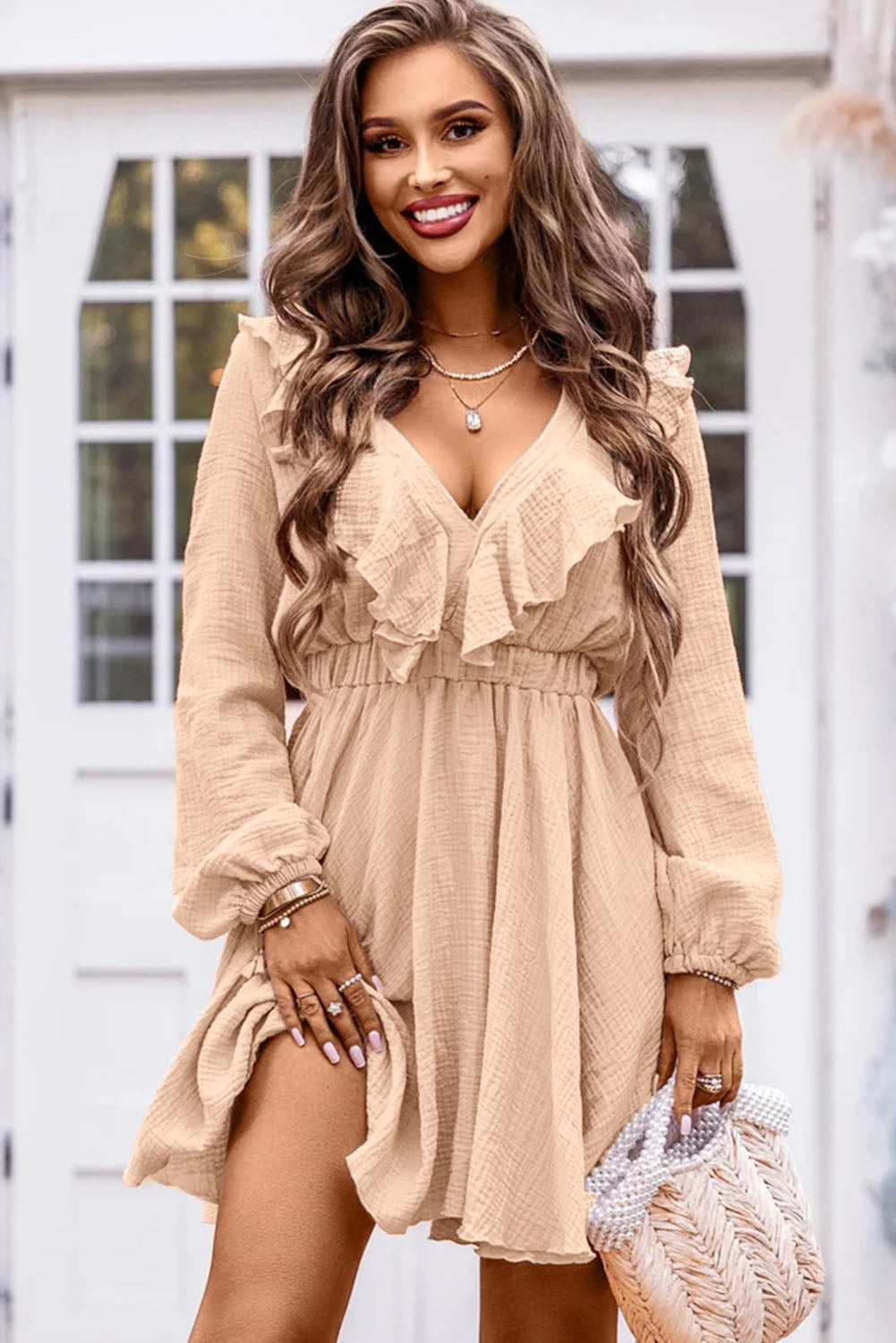 Khaki Textured Ruffled V Neck High Waist Mini Dress