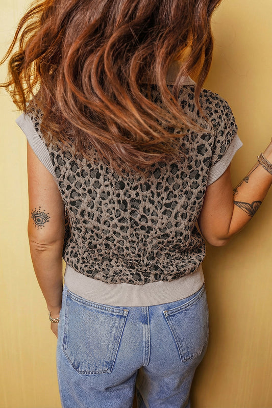 Beige Zip up Collared Leopard Cap Sleeve Top