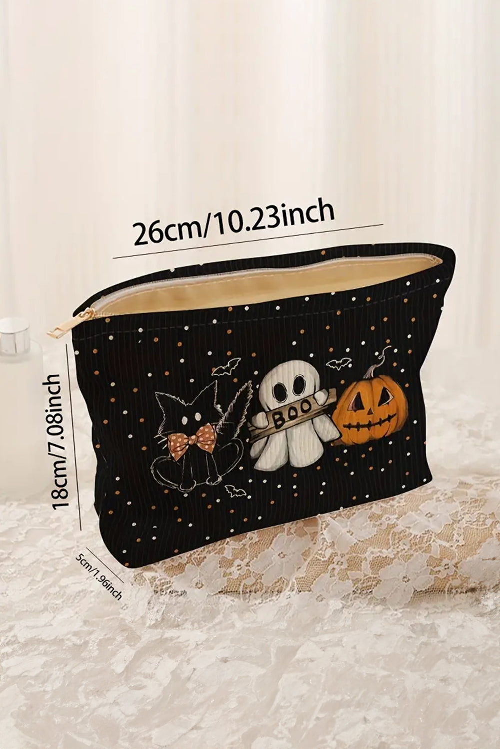 Black Cute Halloween Print Ribbed Makeup Storage Bag