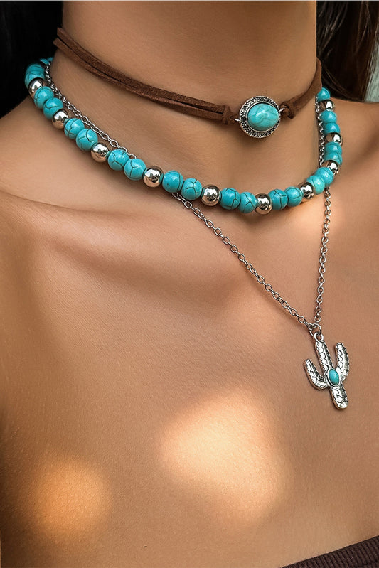 Turquoise Beading Cactus Charm 3pcs Layered Necklace