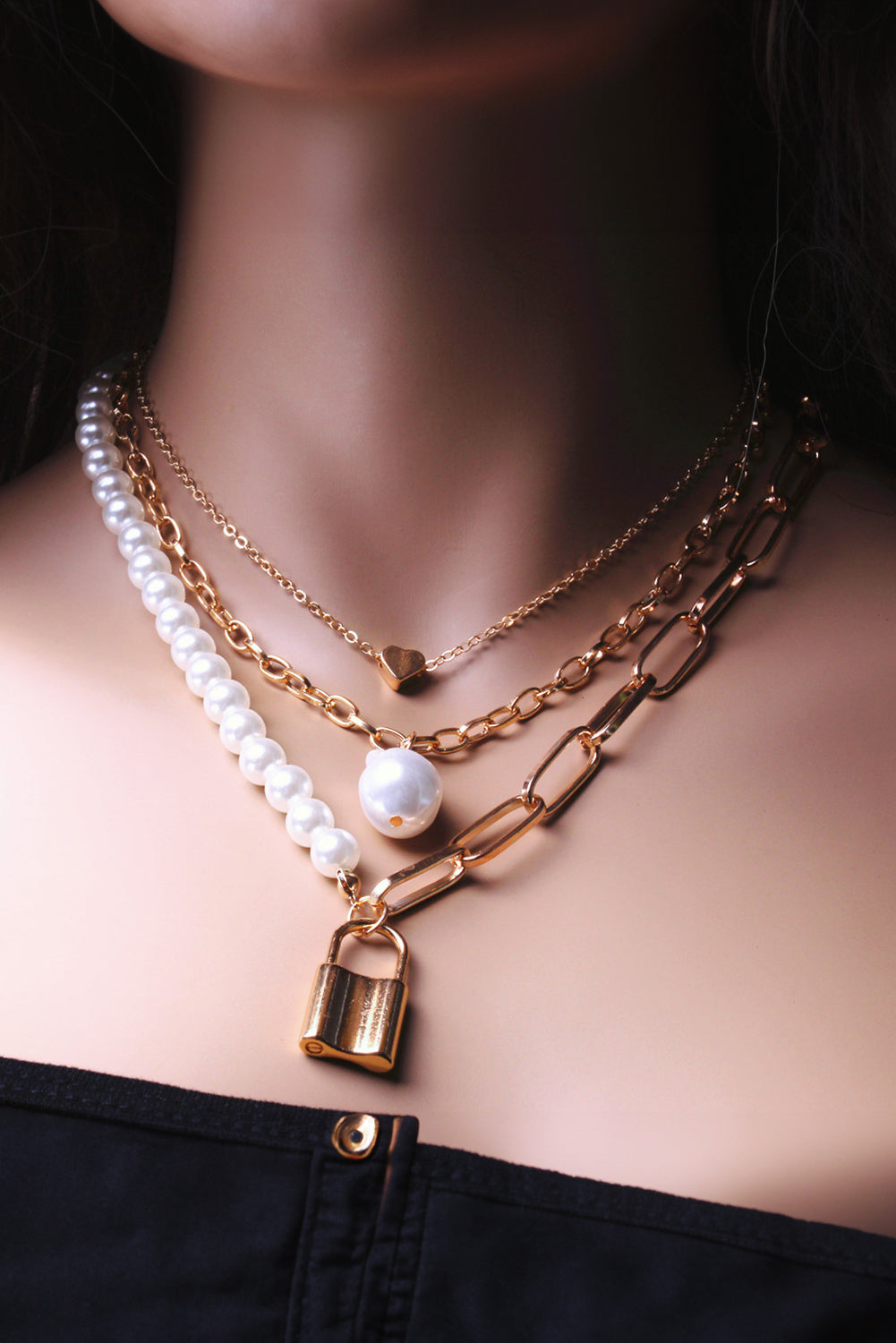 Gold Plated Heart Lock Baroque Pearl Multi Layer Necklace