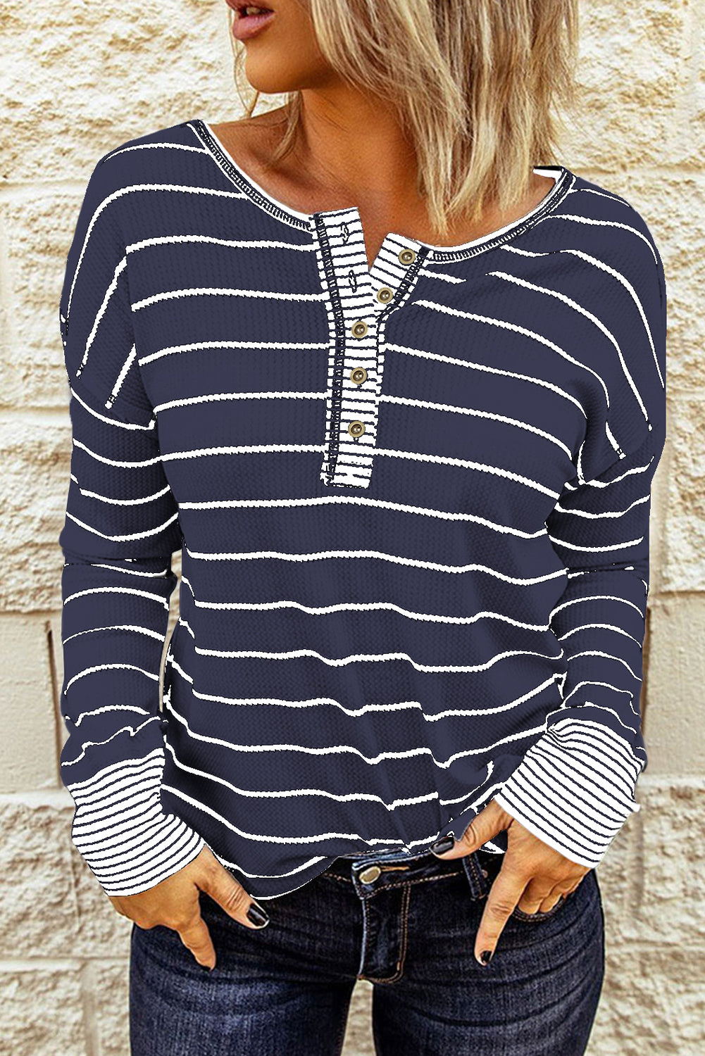 Navy Blue Striped Color Block Buttoned Waffle Knit Shirt
