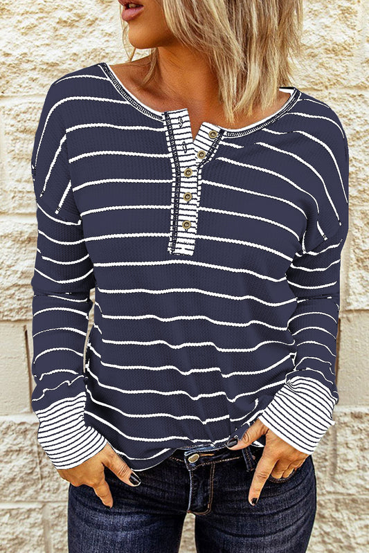 Navy Blue Striped Color Block Buttoned Waffle Knit Shirt