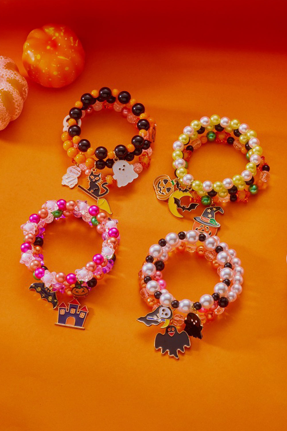 Orange 3pcs Halloween Pendent Elastic Beading Bracelet