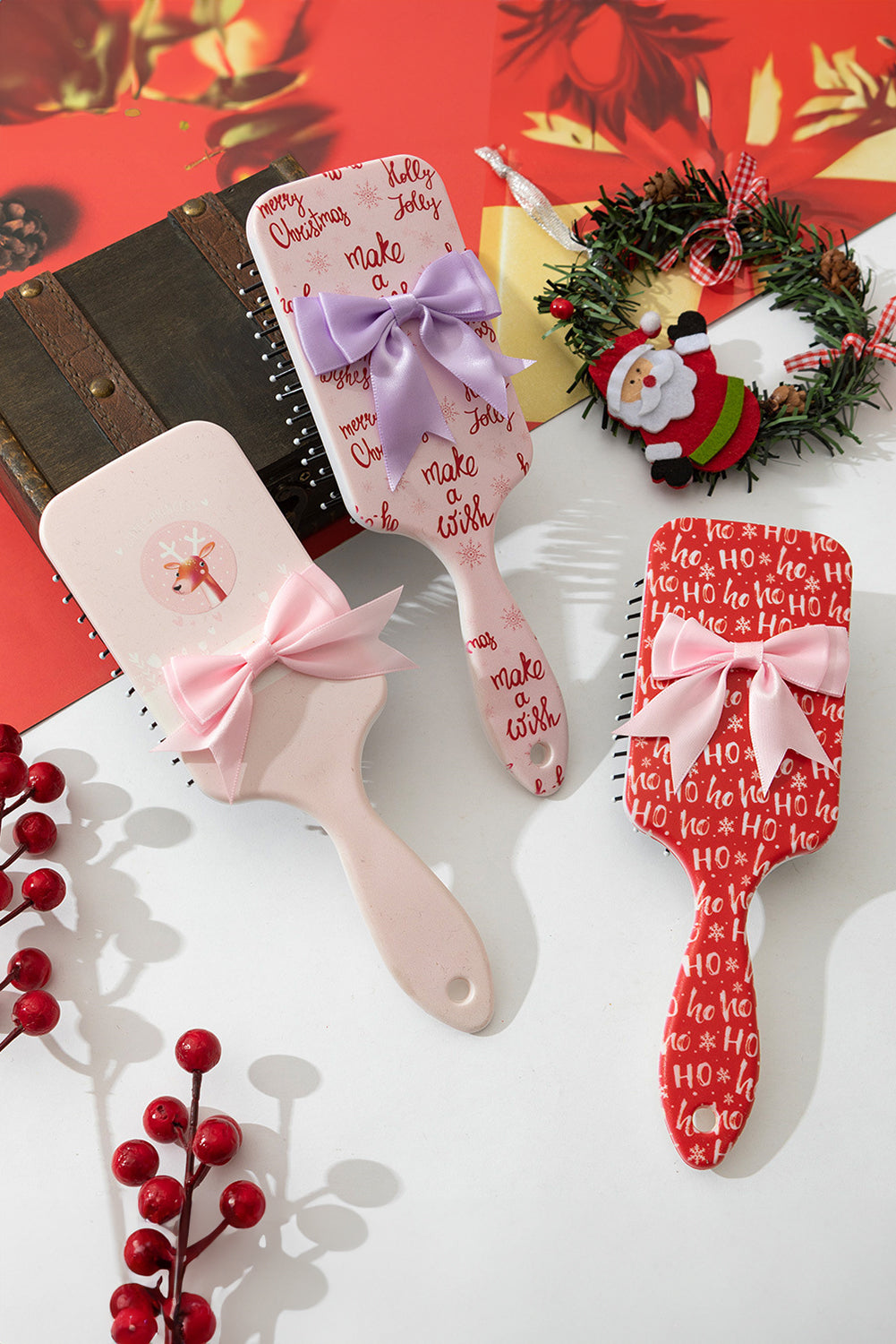 Fiery Red Christmas Letter Print Ribbon Bow Decor Scalp Massage Comb