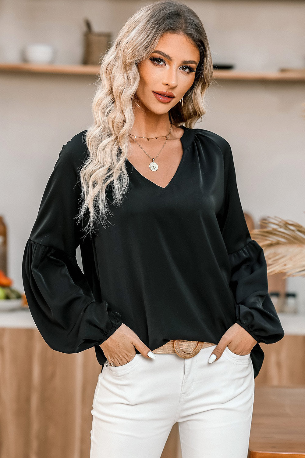 Black Fiery V Neck Long Puff Sleeve Top