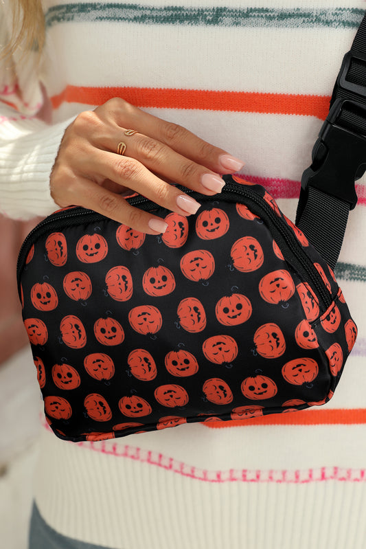 Black Halloween Pumpkin Print Buckle Strap Square Crossbody Bag