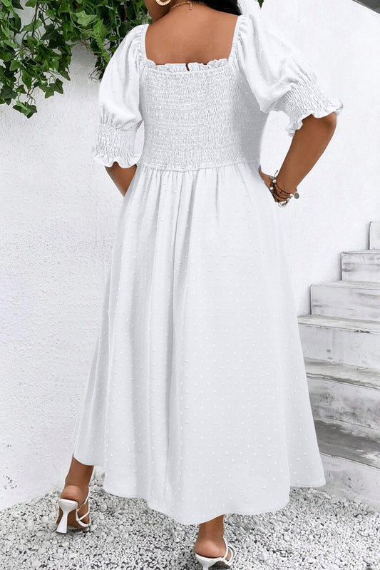 White Swiss Dot Smocked Frilled Neckline Short Sleeve Plus Size Dress