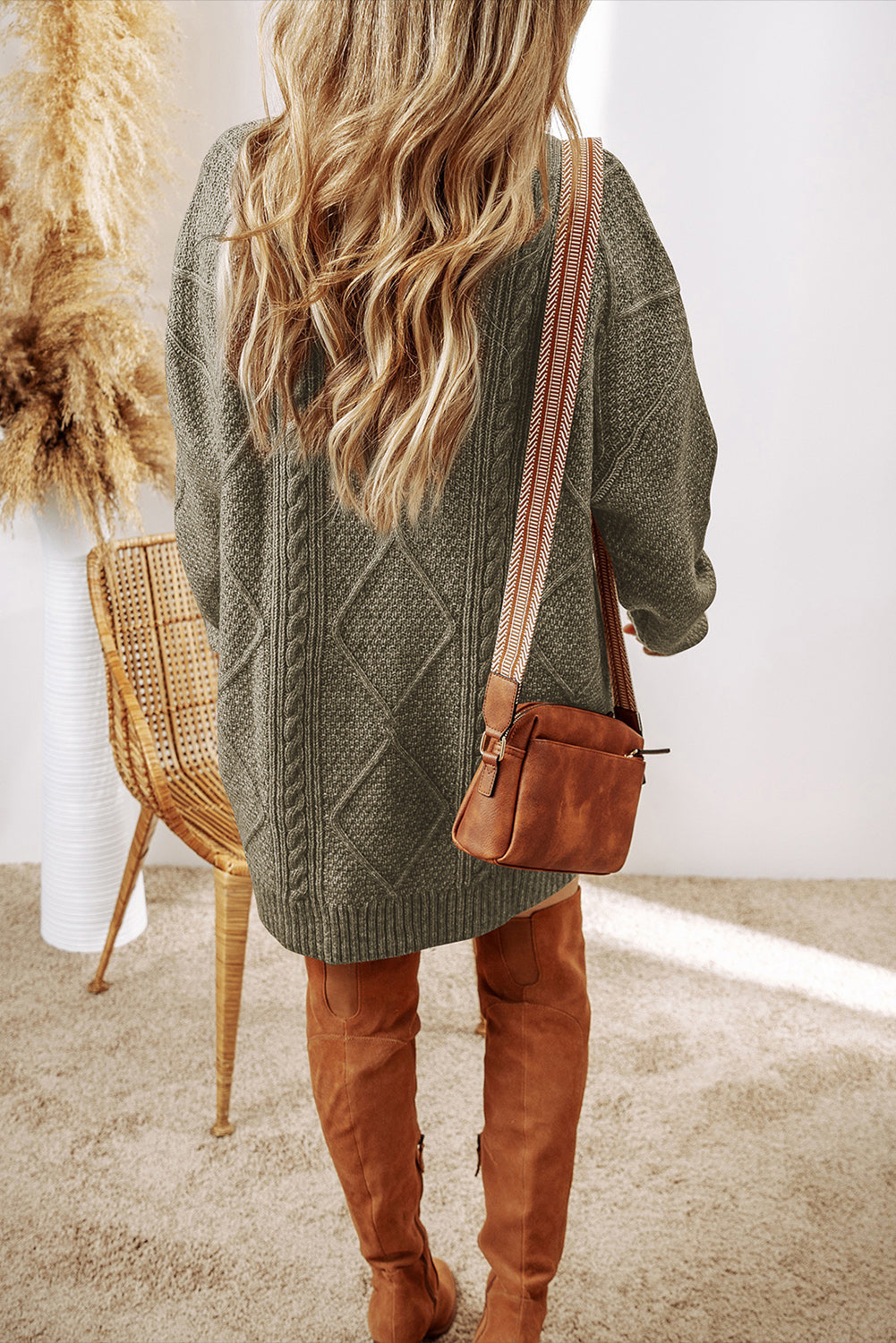 Mist Green Cable Knit Drop Shoulder Loose Fit Sweater Dress