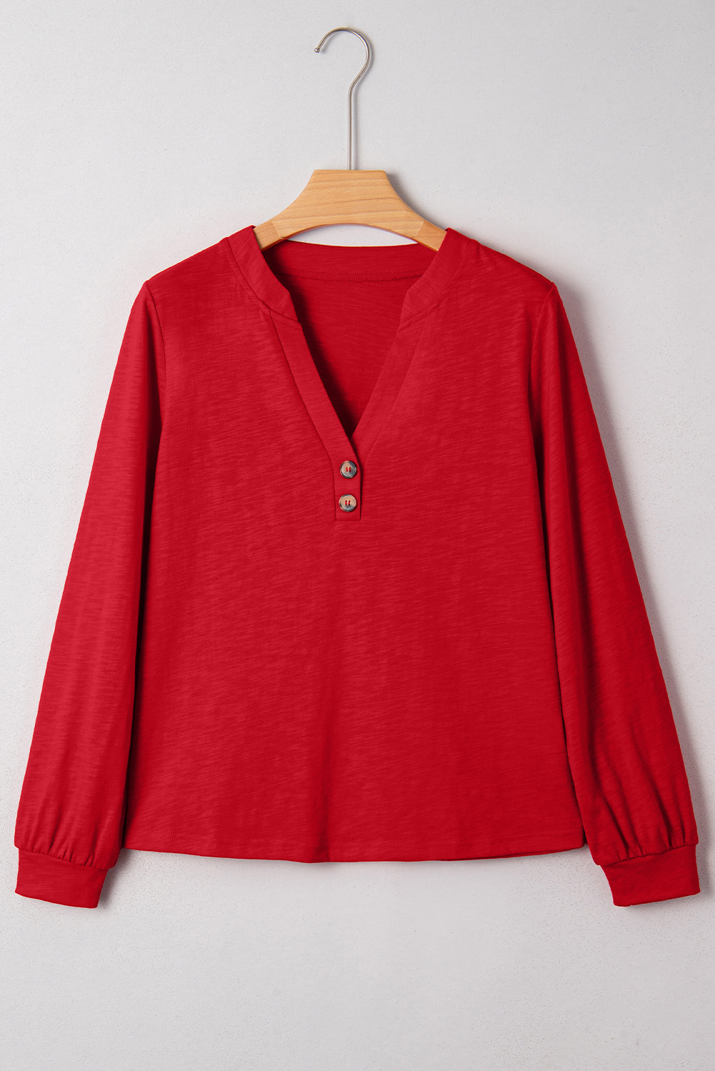 Racing Red Solid Color Button V Neck Long Sleeve Top