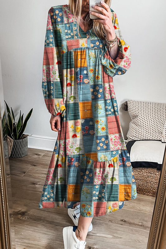Sky Blue Mix Floral Checkered Pattern Bubble Sleeve Ruffle Hem Dress