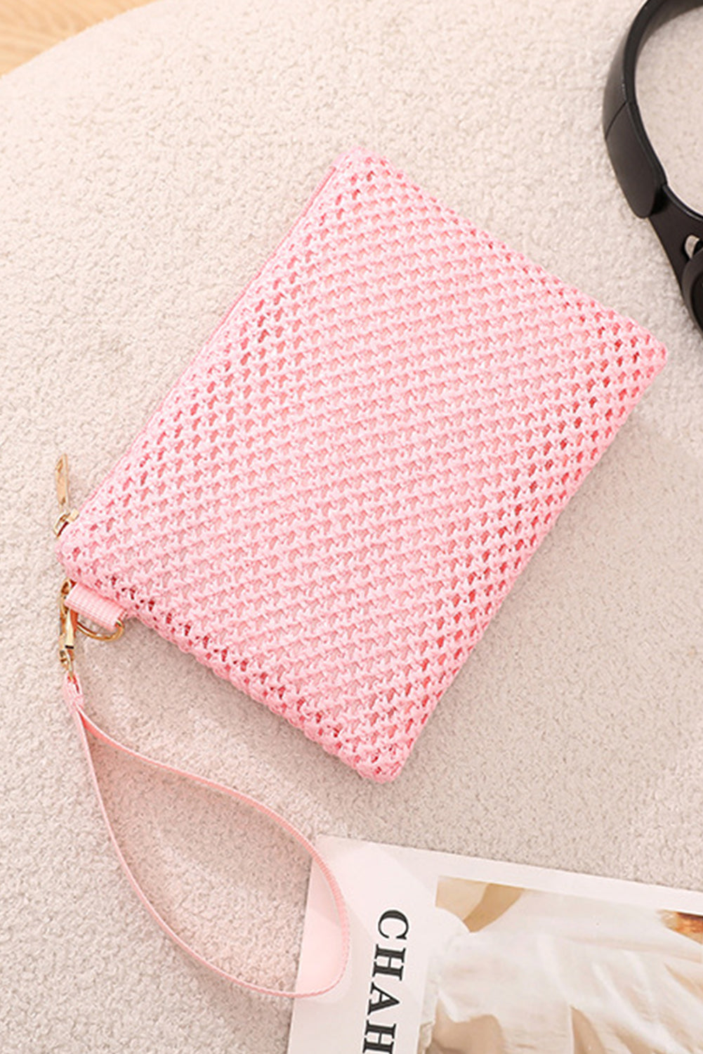 Pink Woven Zipper Wrist Strap Square Handbag