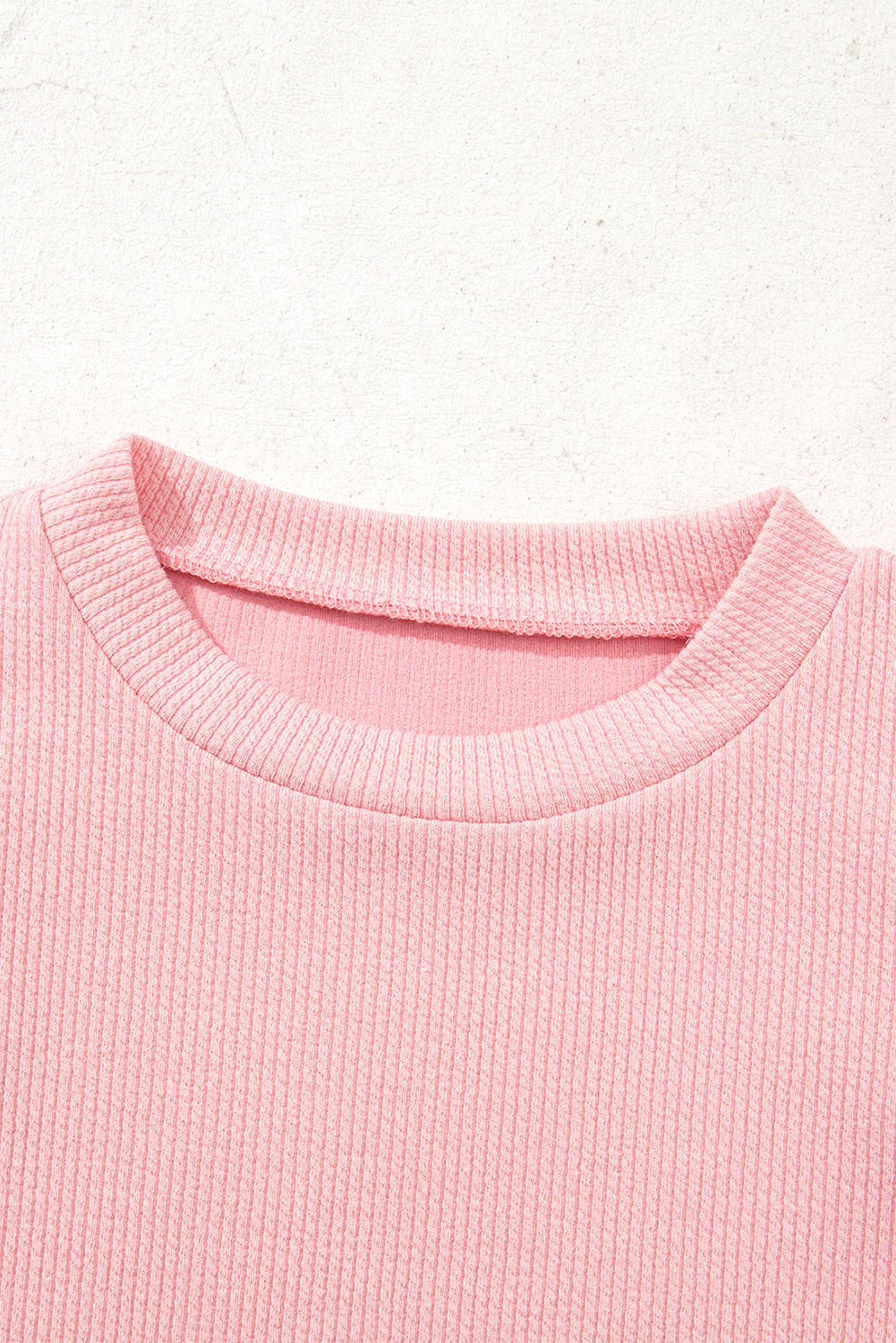 Light Pink Pearl Beaded Ruffle Short Sleeve Patchwork Ribbed Blouse