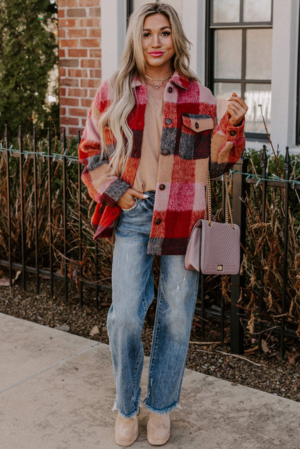 Orange Plaid Print Flap Pockets Buttoned Casual Plus Size Jacket